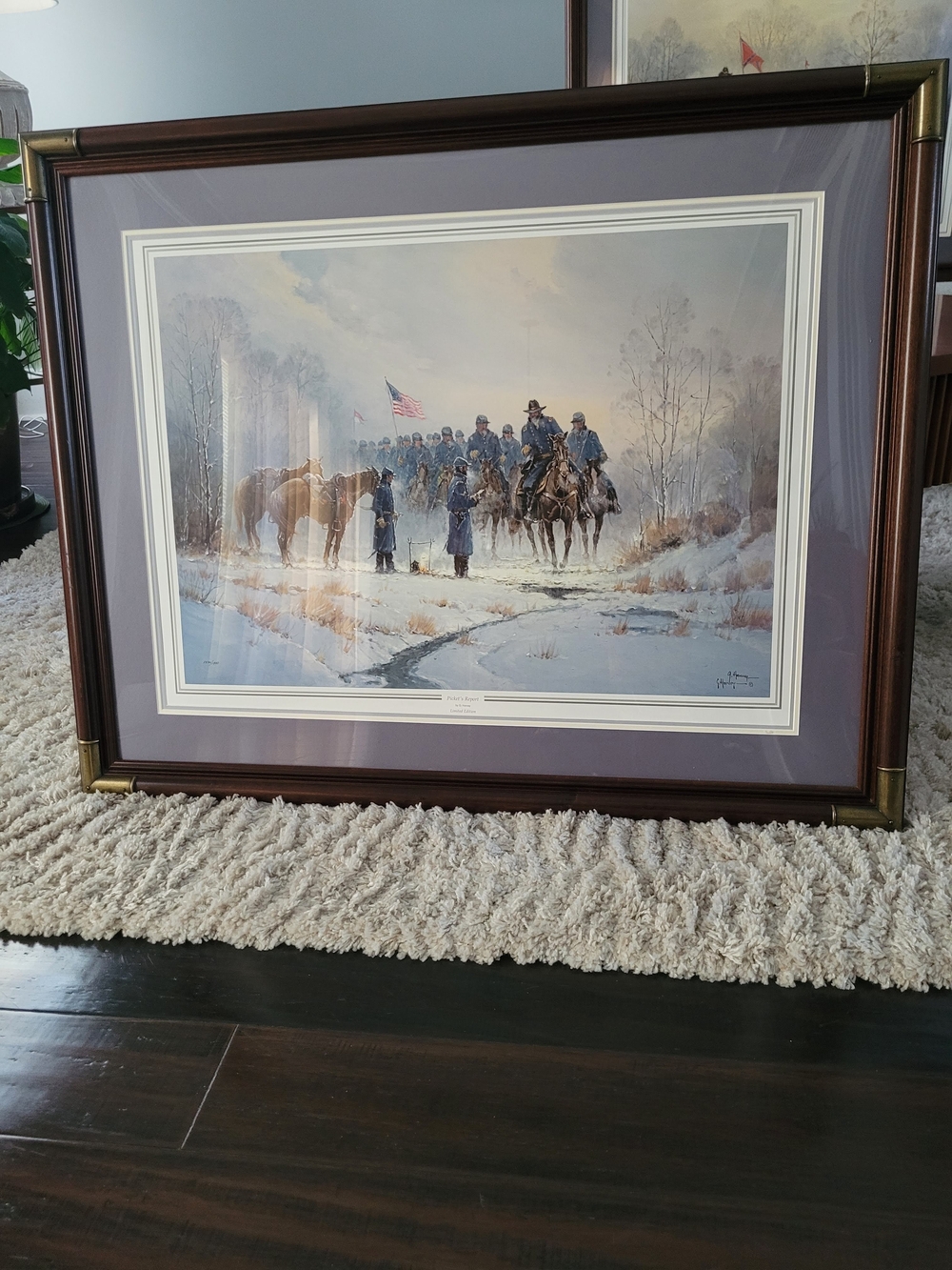 Pickets Report a winter Cavalry Framed Art Print in Blue and Brown